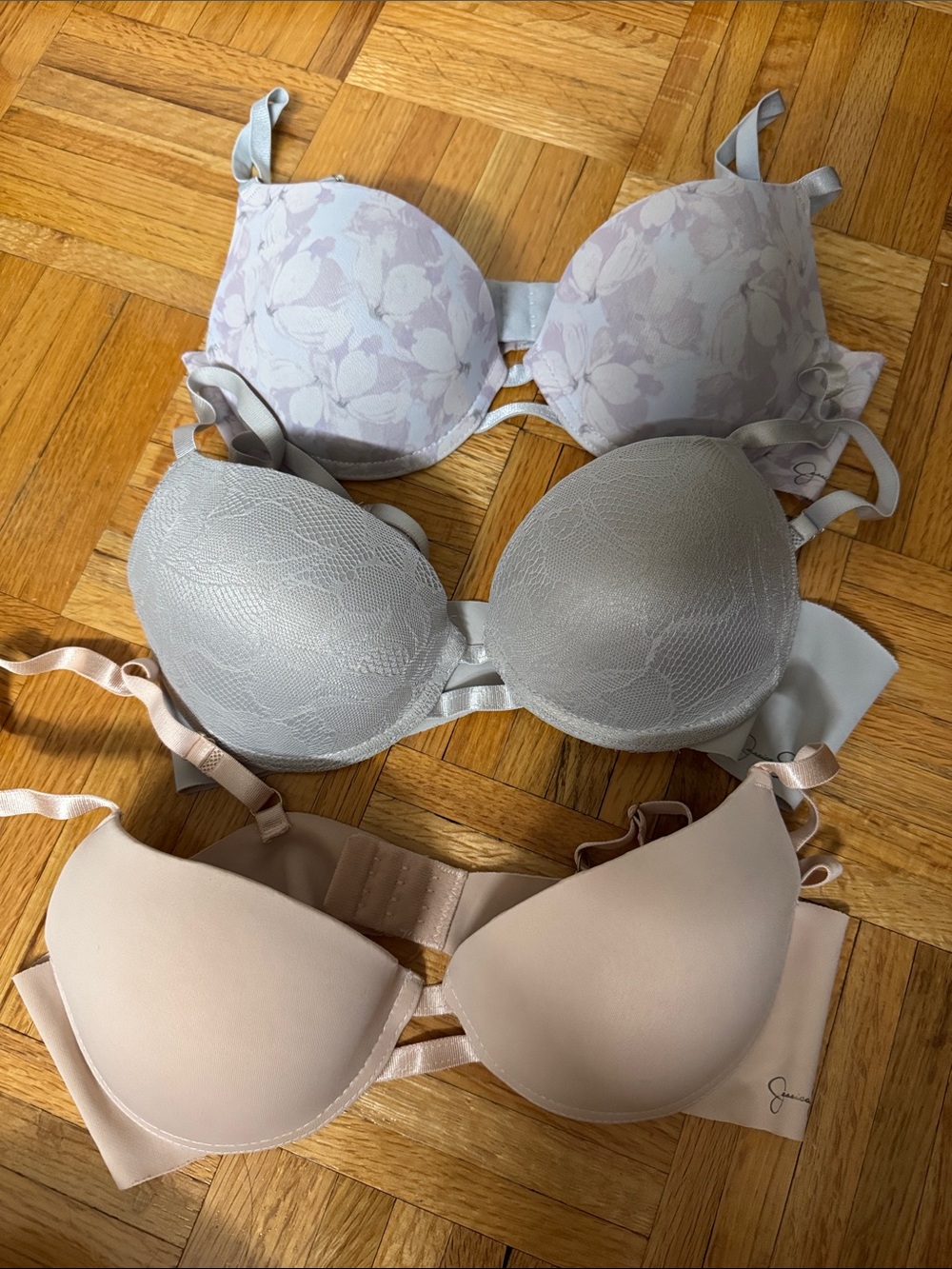 Jessica Simpson 3-Pack Bras in Floral Light Gray, Metallic Silver, and Nude